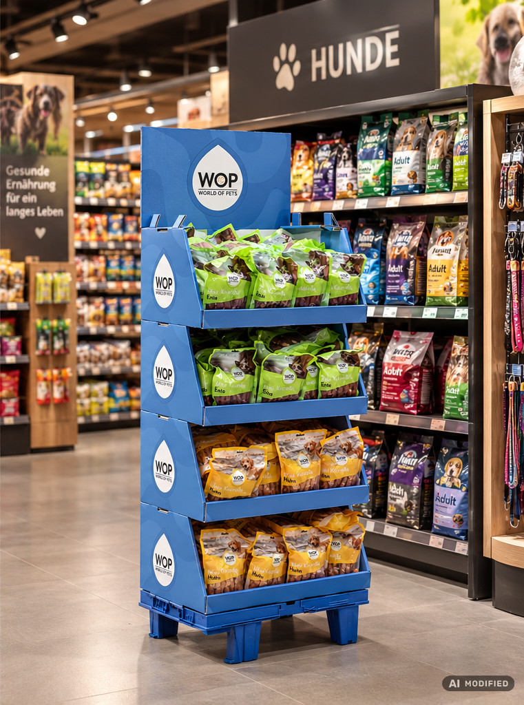 Visualisierung eines blauen WOP - World of Pets Aktionsdisplays in einem Geschäft