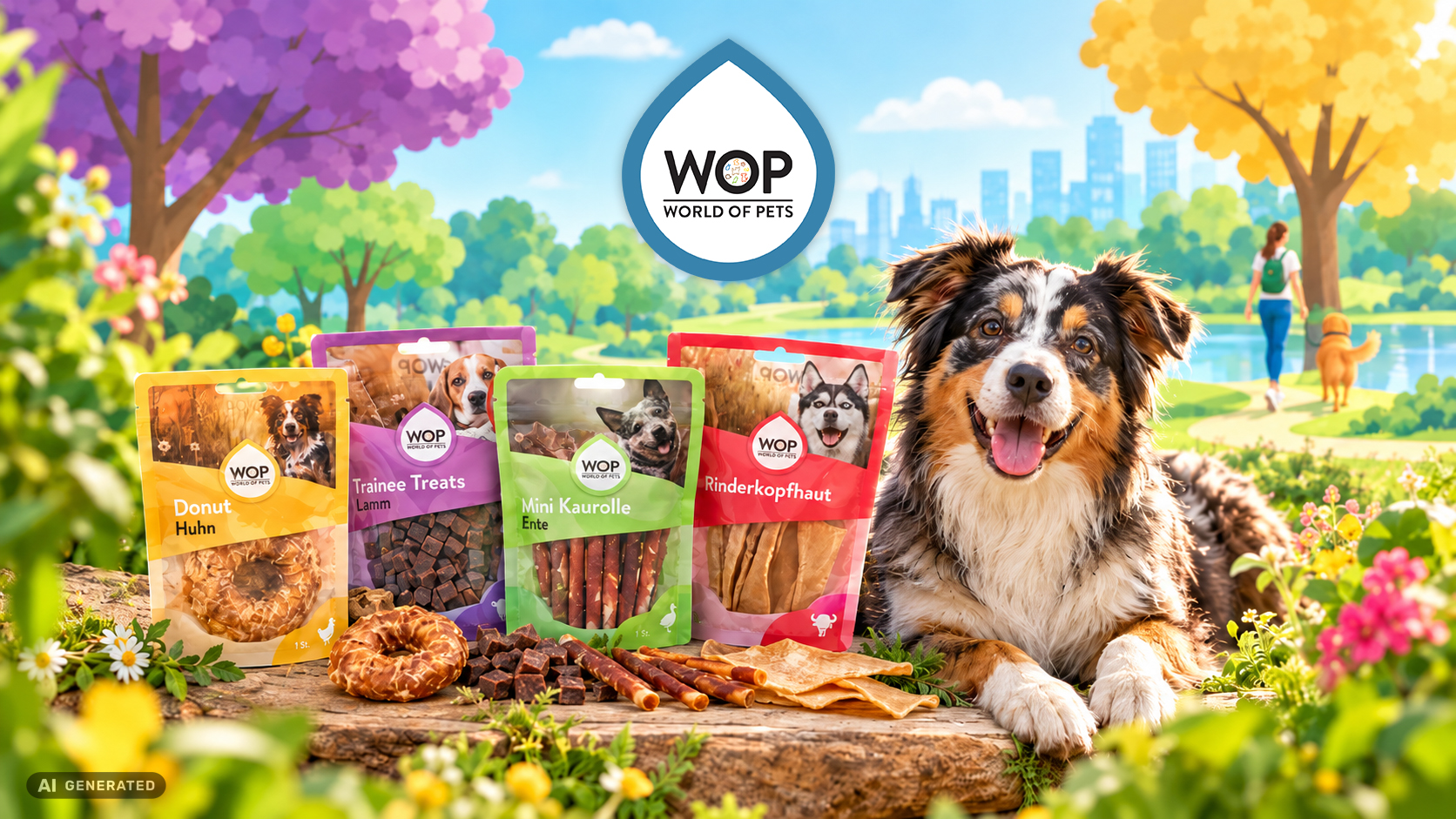 Visualisiertes WOP - World of Pets Motiv mit Hund und verschiedenen Hundesnacks