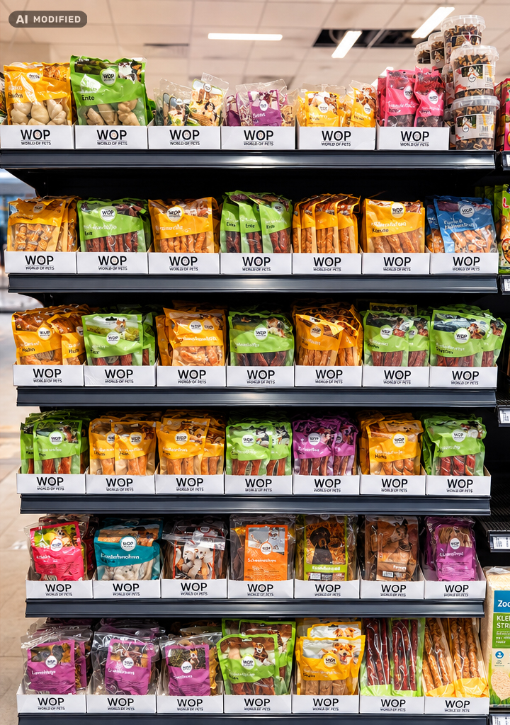 Visualisierung einer Regalfläche mit WOP - World of Pets Hundesnacks